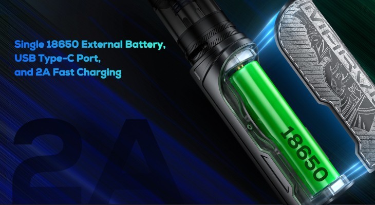 A Freemax Marvos X 100W vape kit with the battery terminal open to display a green external 18650 battery inside.