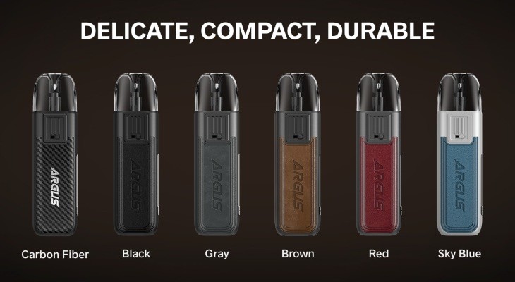 The Argus Pod Vape Kits in six colours; Carbon Fiber, Black, Gray, Brow, Red, Sky Blue.