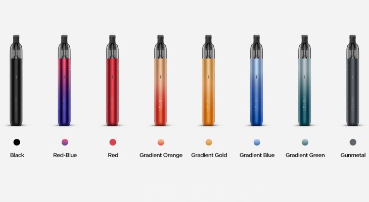 Eight Geekvape Wenax M1 vape kits next to each other in different colours.