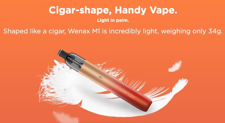 An Orange-Red Geekvape Wenax M1 vape kit beside a white feather.