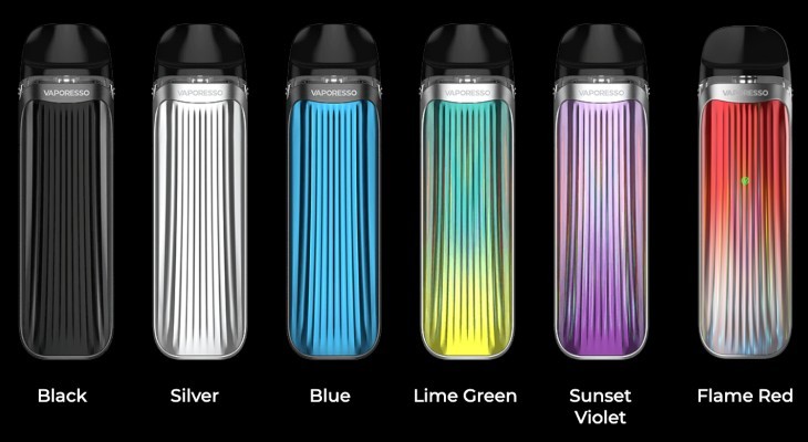 A row of Vaporesso Luxe QS vape kits in different colours.