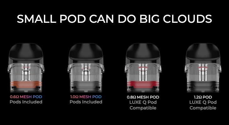 Four Vaporesso Luxe Q pods in a row.