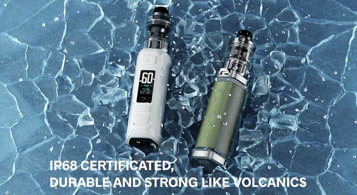Two Argus MT vape kits and text explaining the waterproof, dustproof and shock resistant features.