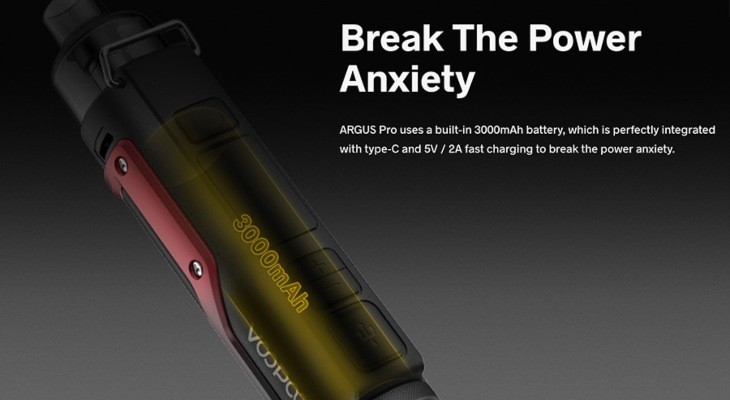The Argus Pro pod device is powered by a 3000mAh built-in battery, with an adjustable wattage output of up to 80W.