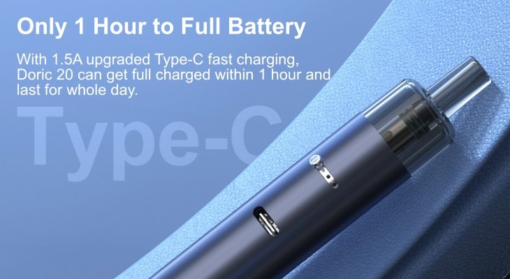 Powered by a 1500mAh built-in battery, the Doric 20 pod vape kit is also quick charging with a 1-hour recharge time.