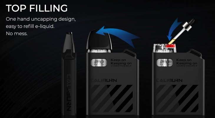 Top filling pods make topping up your Caliburn AK2 kit with e-liquid very easy, in fact you don’t even have to remove it from the device to do so.