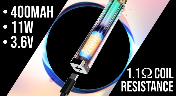 A SKE Crystal Plus vape kit with its built-in battery showing and stats relating to quick charged and consistent power output