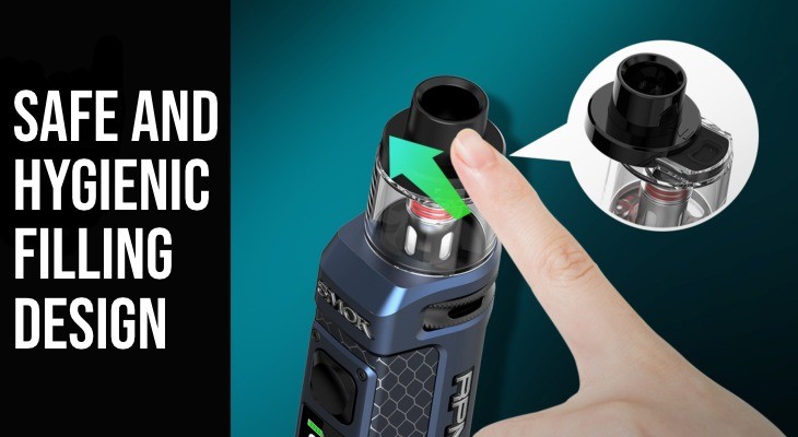 The Smok RPM 85 vape kit is tilted to show a finger pushing the lid of the pod, while an open lid is displayed in an image bubble.