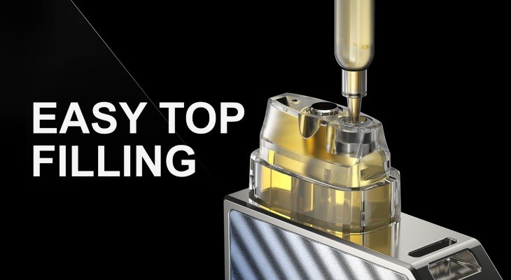 A Voopoo Vinci V2 pod being filled with e-liquid from the top