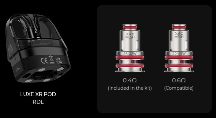 One Vaporesso Luxe XR pod next to two GTX mesh coils.