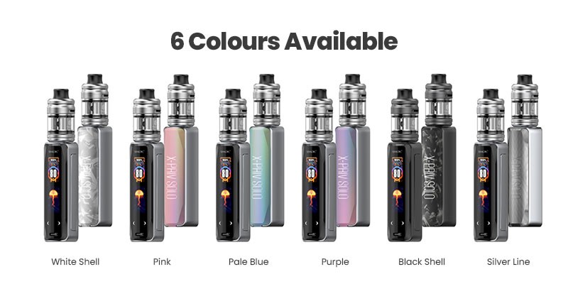 The Smok X-Priv Solo is available in six colours: White Shell, Pink, Pale Blue, Purple, Black Shell, Silver Lines