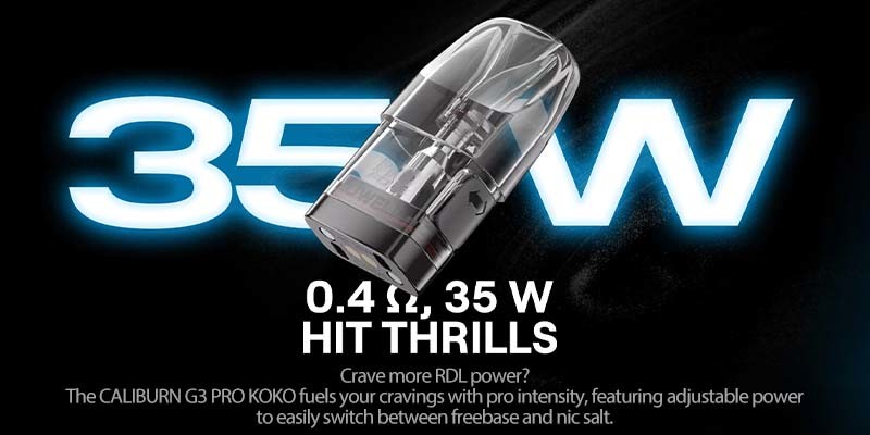 Uwell Caliburn G3 Pro Koko 0.4 Ohm pod and 35W power output for RDTL vaping