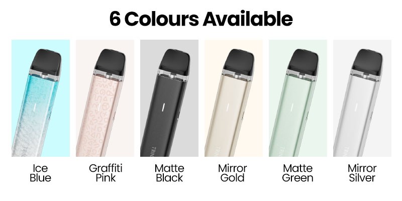 Innokin Trine SE in six colours: Ice Blue, Graffiti Pink, Matte Black, Mirror Gold, Matte Green and Mirror Silver.