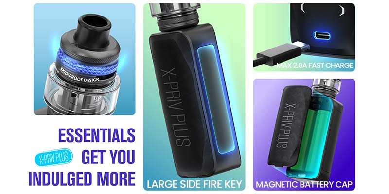 Smok X-Priv Plus vape kit, skid-proof mouthpiece, magnetic battery cap, activation button, 2A fast charge