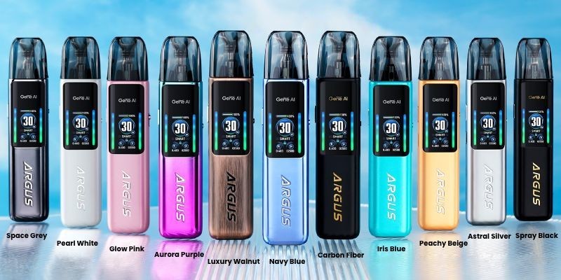 Voopoo Argus G2 vape kit colours: Astral Silver, Aurora Purple, Glow Pink, Iris Blue, Peach Beige, Pearl White, Antique Brass, Carbon Black, Colourful, Lavender Purple, Luxury Walnut and Navy Blue