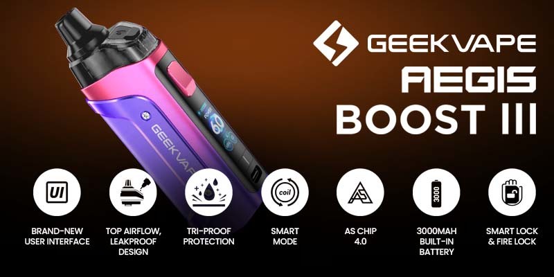 Geekvape Aegis Boost 3 features a 3000mAh battery, adjustable airflow, the AS 4.0 chipset and lock button.