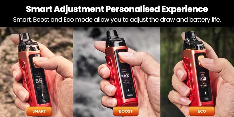 Geekvape Aegis Boost 3 modes: Smart Mode, Boost Mode and Eco Mode.