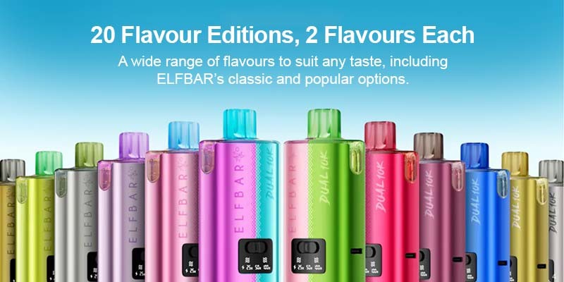 Elf Bar Dual 10K in 20 disposable-inspired vape inspired flavours.