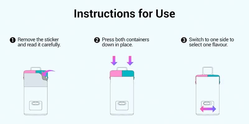 Elf Bar Dual 10K with instructions to set up. Insert refill containers, slide the button to switch flavour.  E