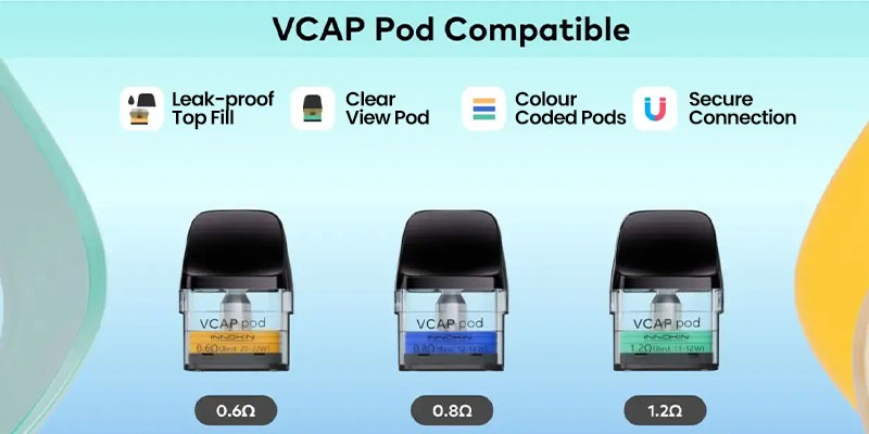 Innokin Endura V Box is compatible with 0.6 Ohm, 0.8 Ohm & 1.2 Ohm VCap pods.