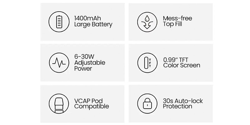 Innokin Endura V Box, 1400mAh battery, 6-30W adjustable power, VCap top-filling pods, 0.99” TFT display screen.