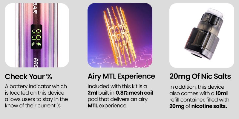 Argus Bar Pro Max, LED battery life, airy MTL (Mouth To Lung) inhale, 0.8 Ohm mesh coil pod, 10ml of 20mg nic salt e-liquid.