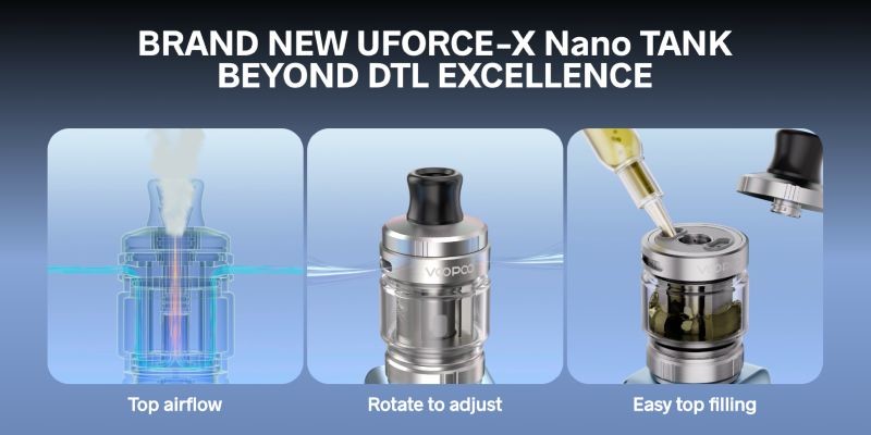 Vinci Spark100 vape kit with Voopoo Uforce-X Nano tank, top-filling, adjustable airflow