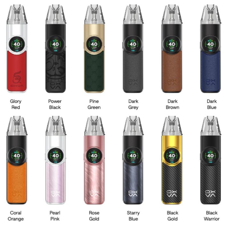 Oxva NeXlim vape kit in: Glory Red, Power Black, Pine Green, Dark Grey, Dark Brown, Dark Blue, Coral Orange, Pearl Pink, Rose Gold, Starry Blue, Black Gold and Black Warrior