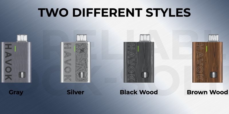 Uwell Havok R vape kit colours: Grey, Silver, Black Wood, Brown Wood