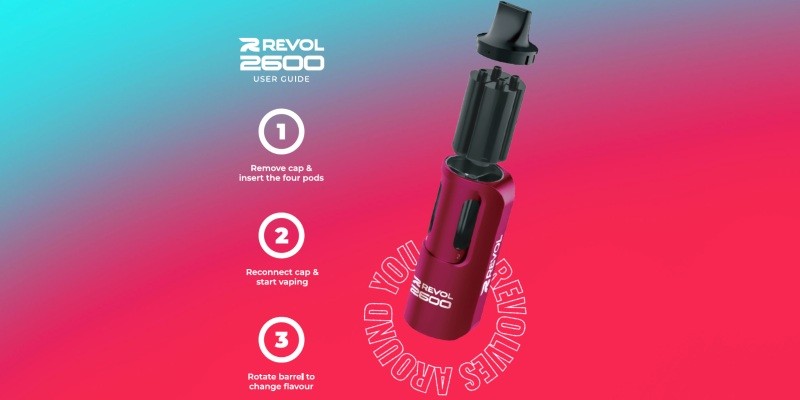 Revol 2600 vape kit set-up instructions: insert pod, connect mouthpiece, rotate device