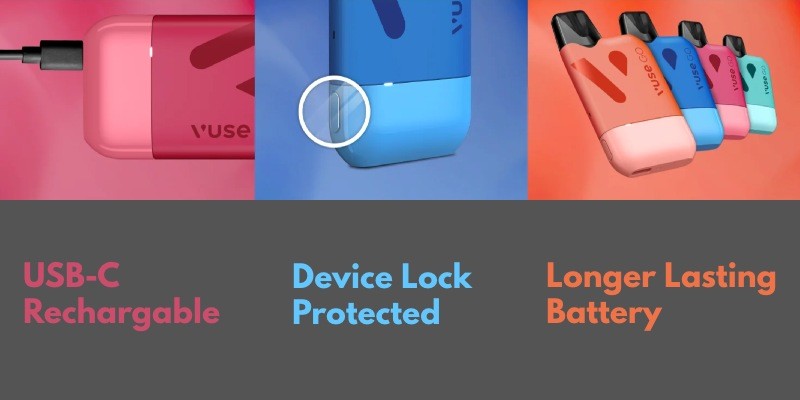 Vuse Go Reload 1000 vape kit USB-C charging, LED battery indicator, childproof lock