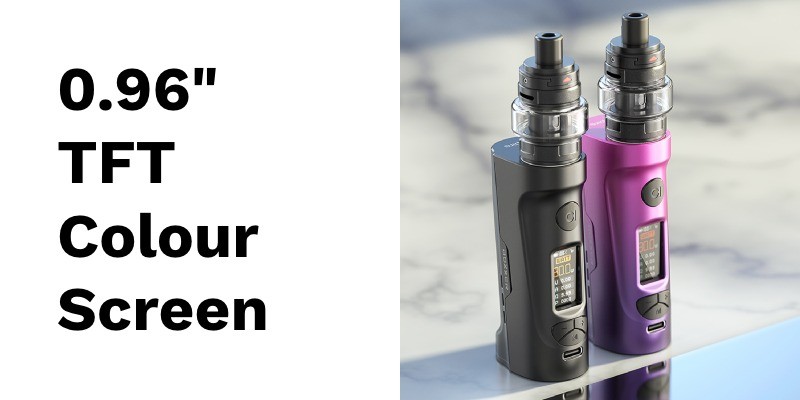 Aspire Boxxer vape kit 0.96” TFT display screen for coil resistance, battery life, wattage, mode selection