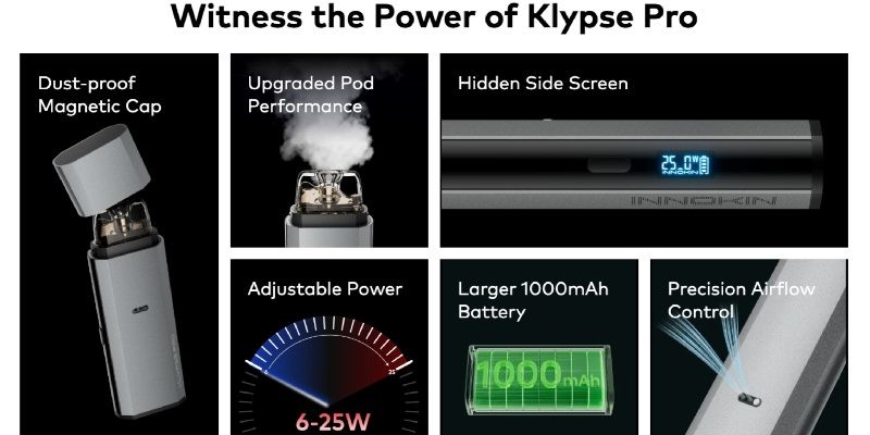 Innokin Klypse Pro vape kit built-in 1000mAh battery, 25W max power output, adjustable airflow, display screen