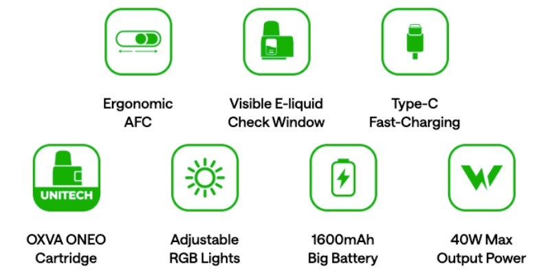 OXVA Oneo vape kit features: 1600mAh battery, 40W max output, airflow control, e-liquid viewing window, USB-C fast charging