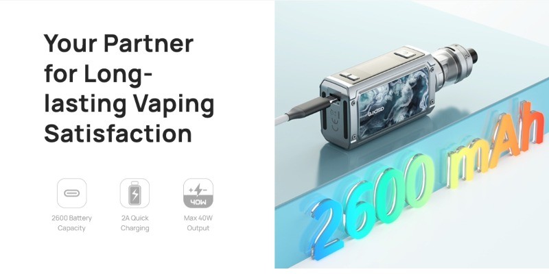 Aspire Rover Plus vape kit built-in 2600mAh battery, 40W max output, 2A fast charging