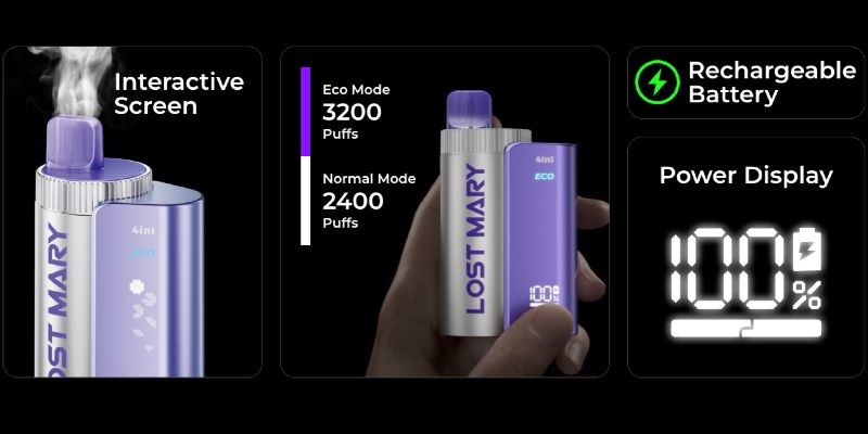 Lost Mary 4-In-1 prefilled pod kit display screen, battery indicator, mode selection, 3200 puffs