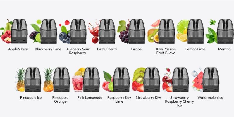 Vaporesso Deliciu Mate vape kit prefilled pod flavours, Apple & Pear, Blackberry Lime, Blueberry Sour Raspberry, Fizzy Cherry, Grape, Kiwi Passion Fruit Guava