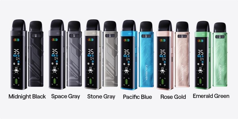 Uwell Caliburn G3 Pro vape kit colours: Midnight Black, Space Gray, Stone Gray, Pacific Blue, Rose Gold and Emerald Green