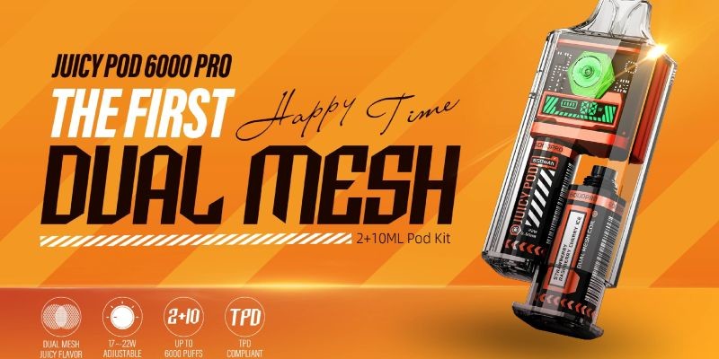 Juicy Pod 6000 Pro disposable vape kit TPD compliant dual mesh coil big puff vape kit, 2ml prefilled built-in pod, 10ml e-liquid refill container, 6000 puffs