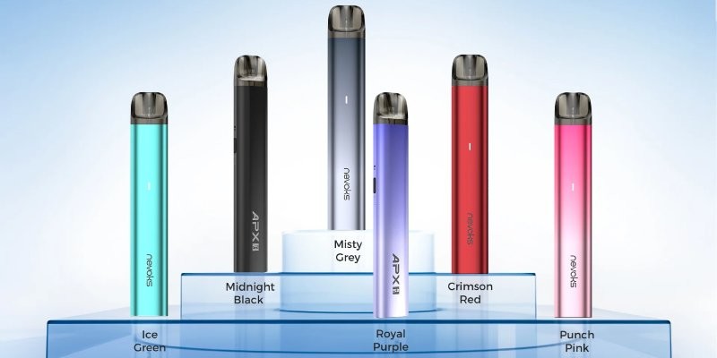 Nevoks APX S2 vape kit device colours: Ice Green, Midnight Black, Misty Grey, Royal Purple, Crimson Red & Punch Pink