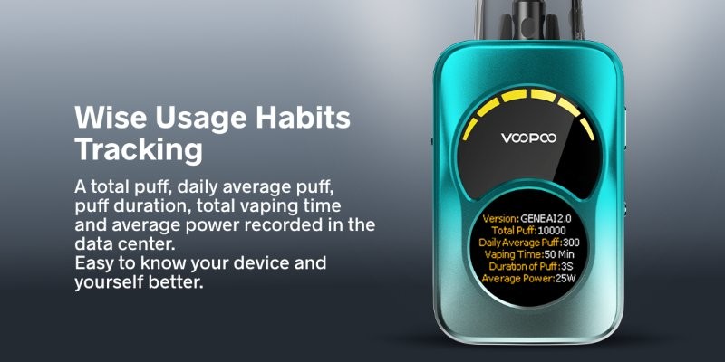 Voopoo Argus A vape kit display screen key data, battery life, puff count, wattage