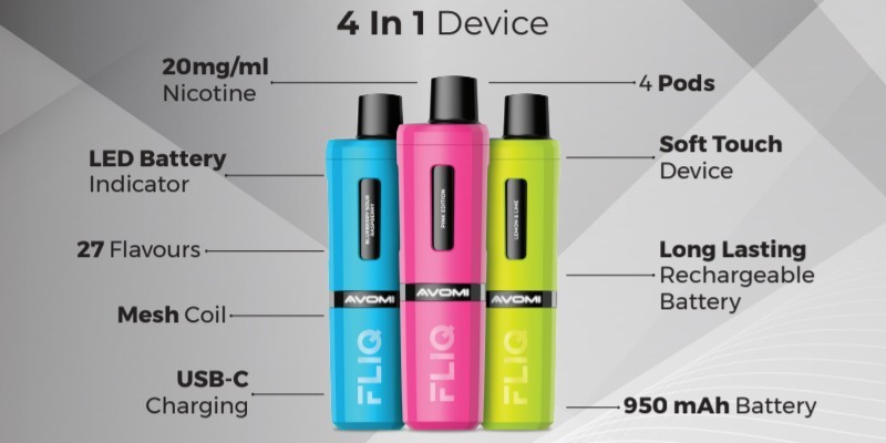 Avomi Fliq vape kit four 2ml pods, 950mAh built-in battery, USB-C charging, LED indicator