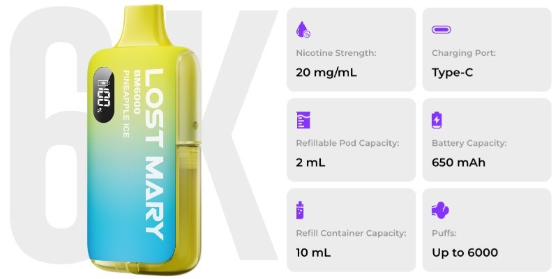 Lost Mary BM6000 disposable vape kit 650mAh built-in battery, 6000 puffs, 10ml e-liquid refill container