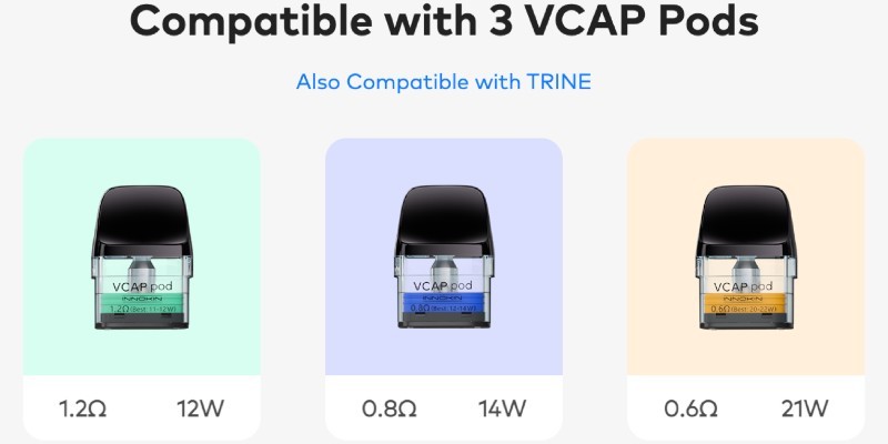 Innokin Endura V vape kit VCap pods, 0.6 Ohm, 0.8 Ohm, 1.2 Ohm resistances