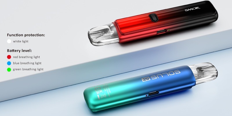 The Smok Solus GT vape kit LED battery level indicator, red, blue, green