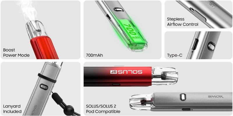 Smok Solus GT vape kit 700mAh built-in battery, USB-C charging, Boost Mode, lanyard holder