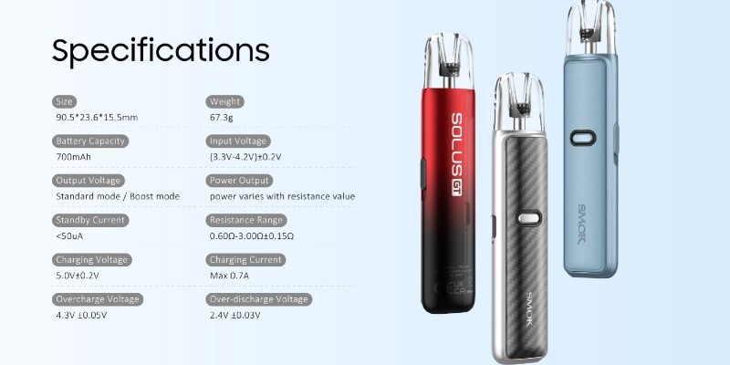 Smok Solus GT vape kit built-in 700mAh battery, 0.7A fast charging, 1 hour full battery