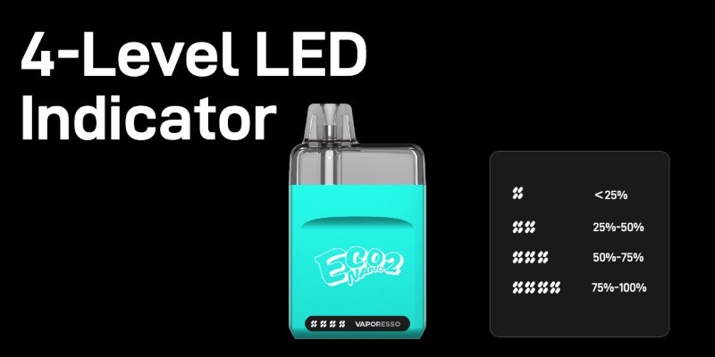 Vaporesso Eco Nano 2 has LED battery indication, 4 levels of charge