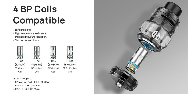 Aspire Revolto vape kit coil compatibility: 0.15 Ohm, 0.15 Ohm Pro, 0.17 Ohm and 0.3 Ohm Aspire BP mesh coils