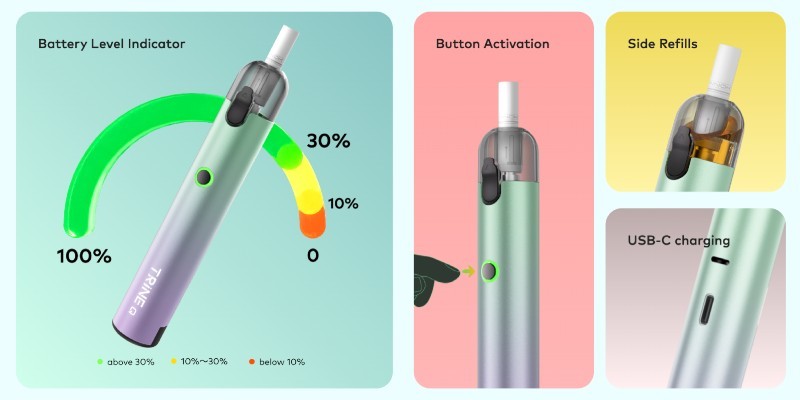 Innokin Trine Q vape kit features: button activation, side-filling, USB-C charging, battery level indication